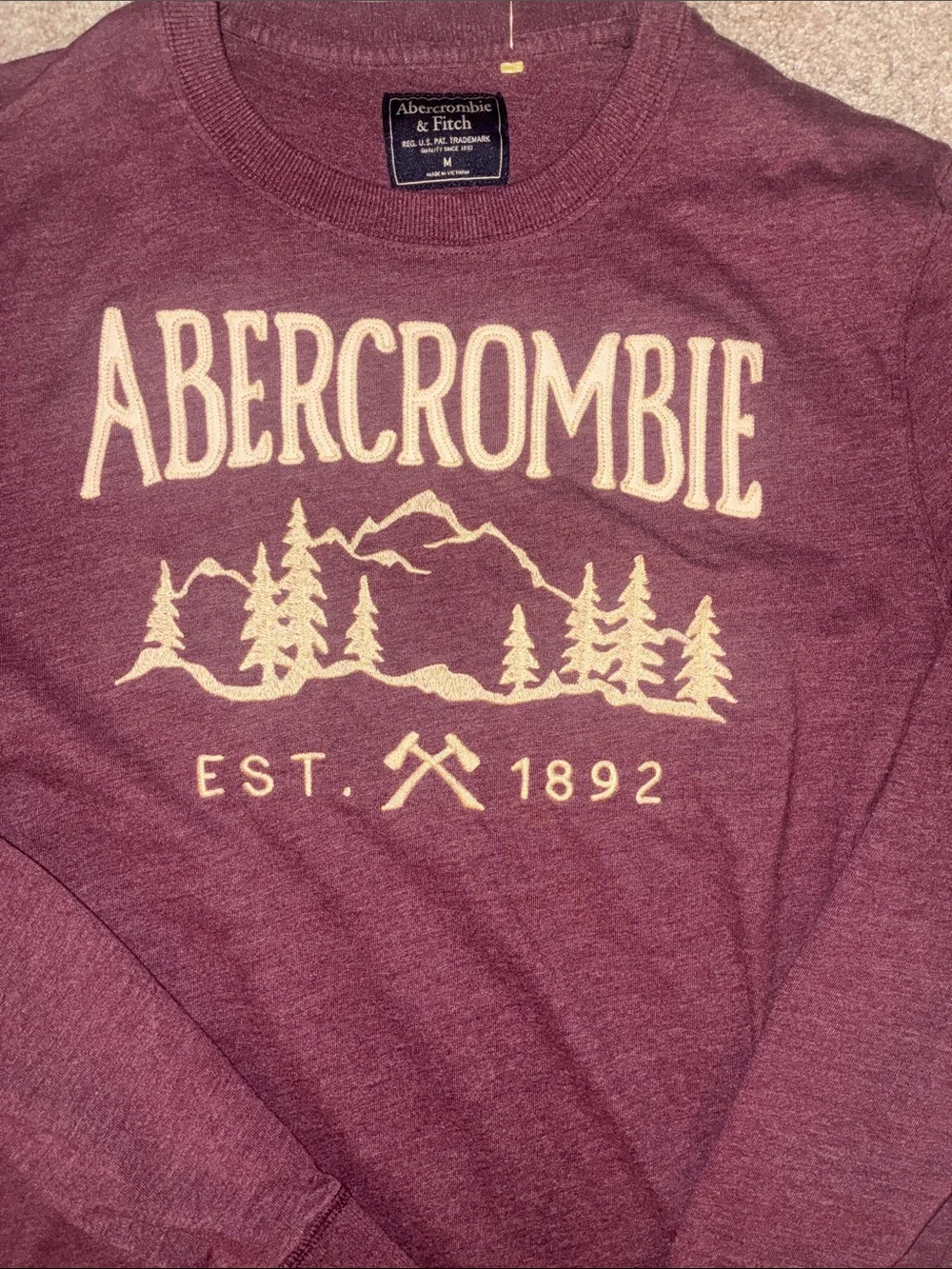 Abercrombie & Fitch Men's Burgundy Crewneck with Cream Logo Graphic